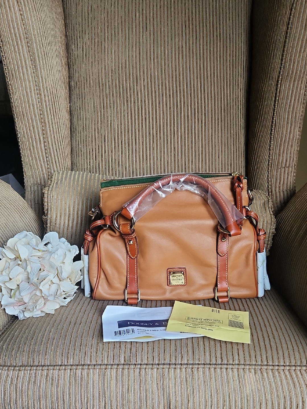 Dooney & Bourke Tan And Brown Leather Satchel With Green Interior Accent